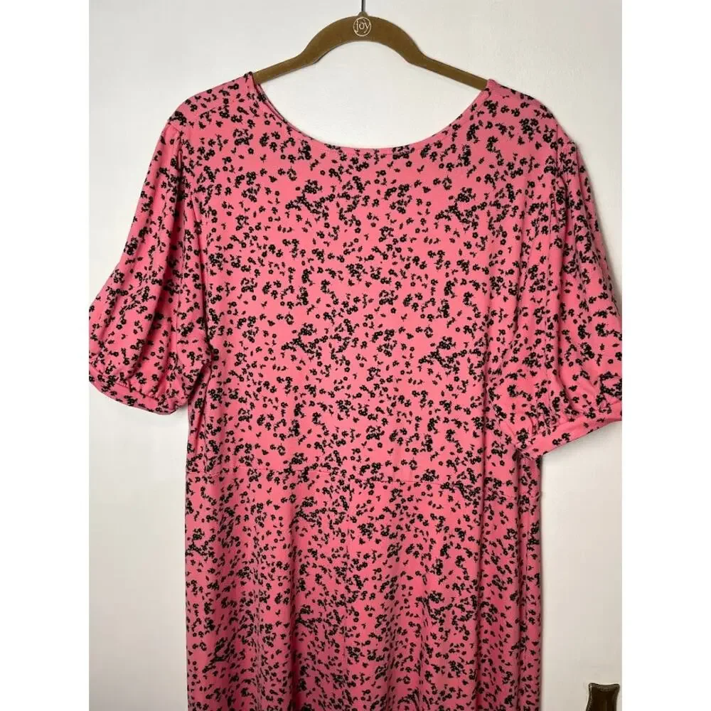 Ditsy Floral Dress Womens 20 Pink Loose Short Sleeve Midi Shirt Dress Scoop Neck